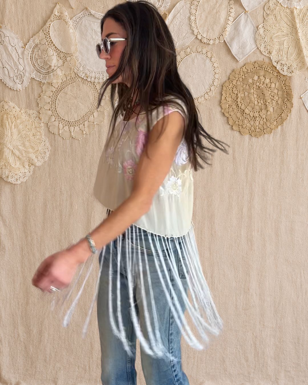 Embroidered Silk Fringe Top