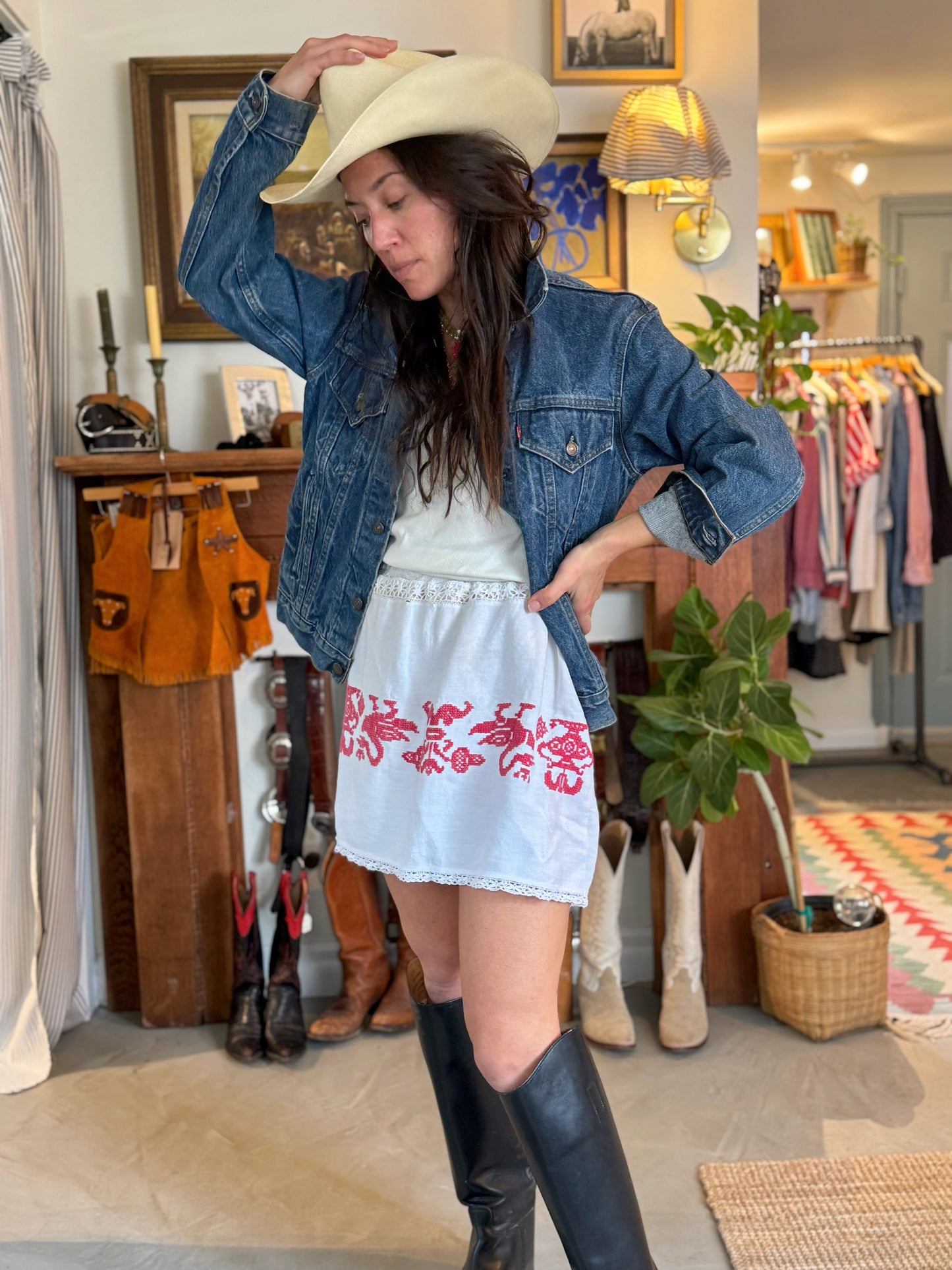Red and White Antique Cross Stitch Mini Skirt