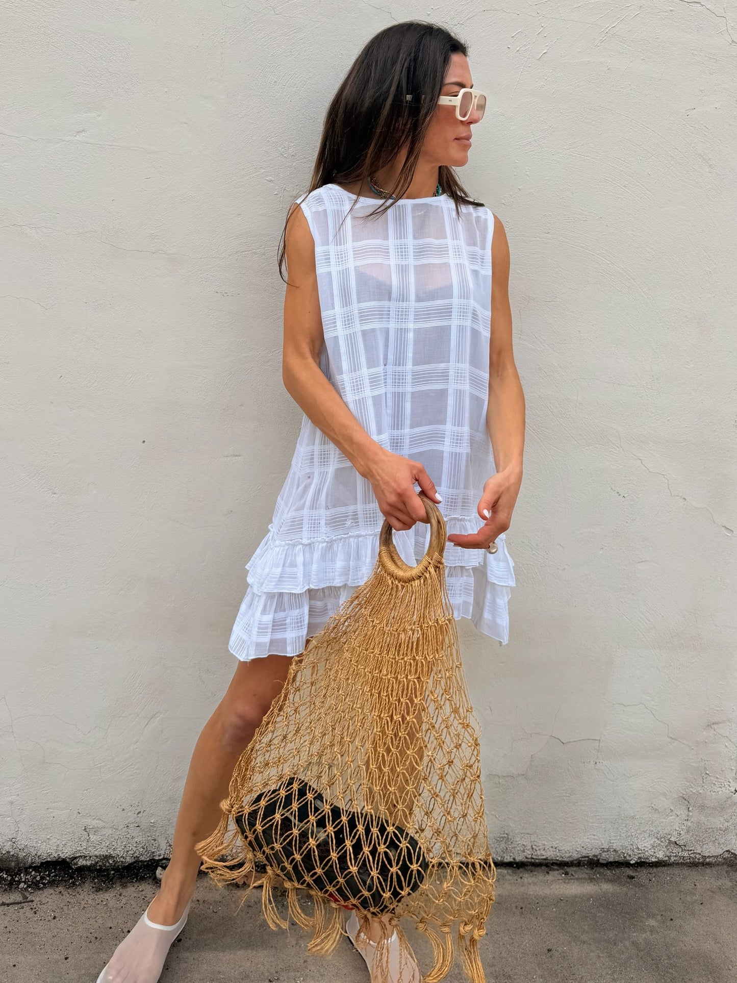Sheer Check Ruffle Mini Dress