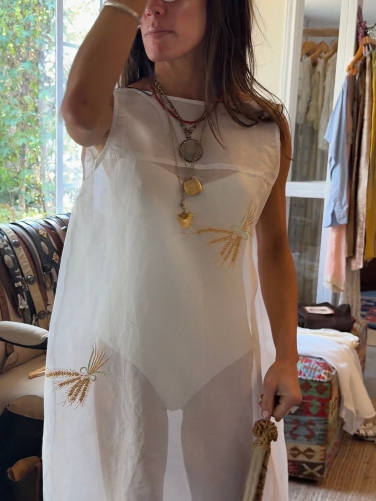 Sheer Maxi Dress With Wheat Embroidery