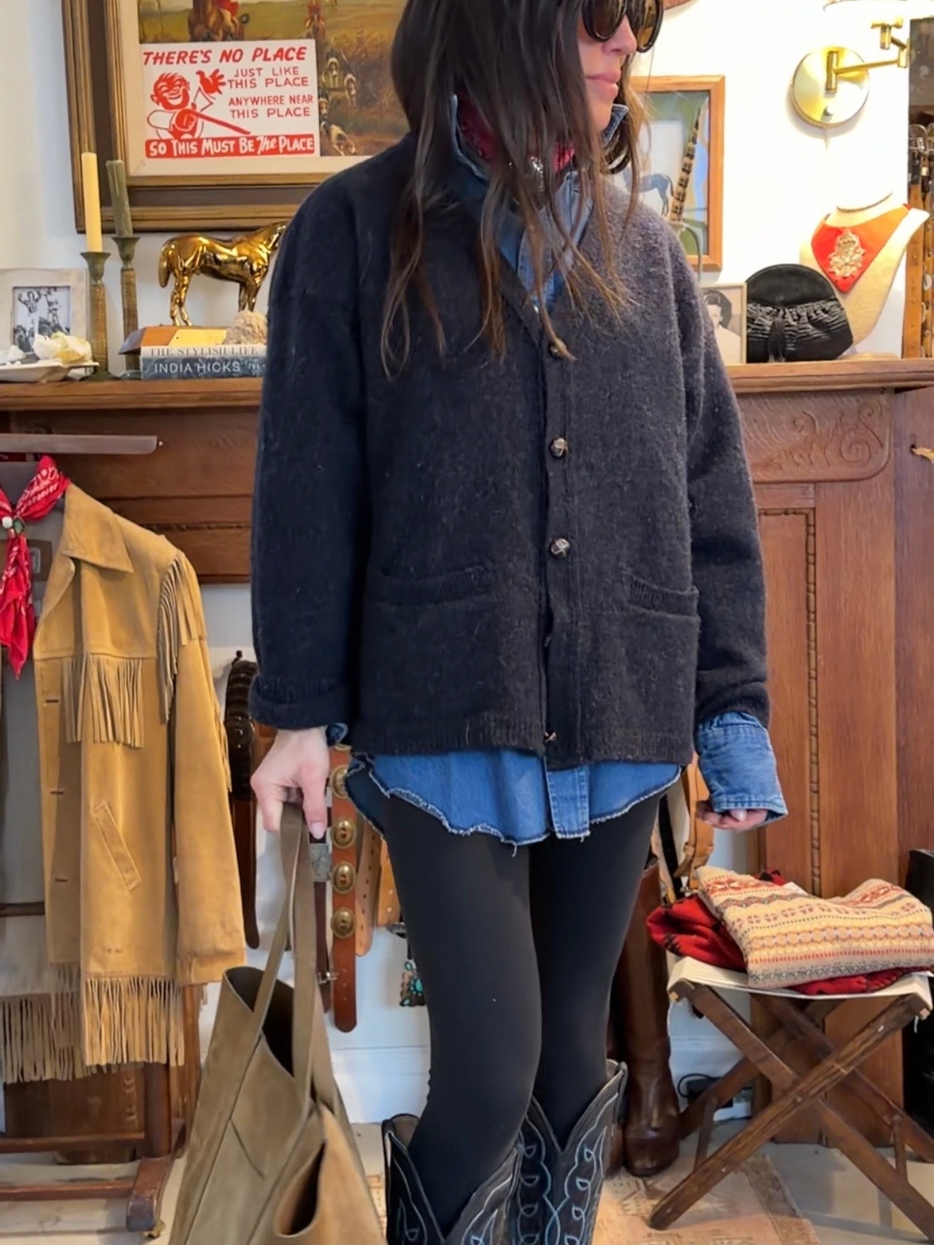 Wool Cardigan with Leather Elbow and Buttons