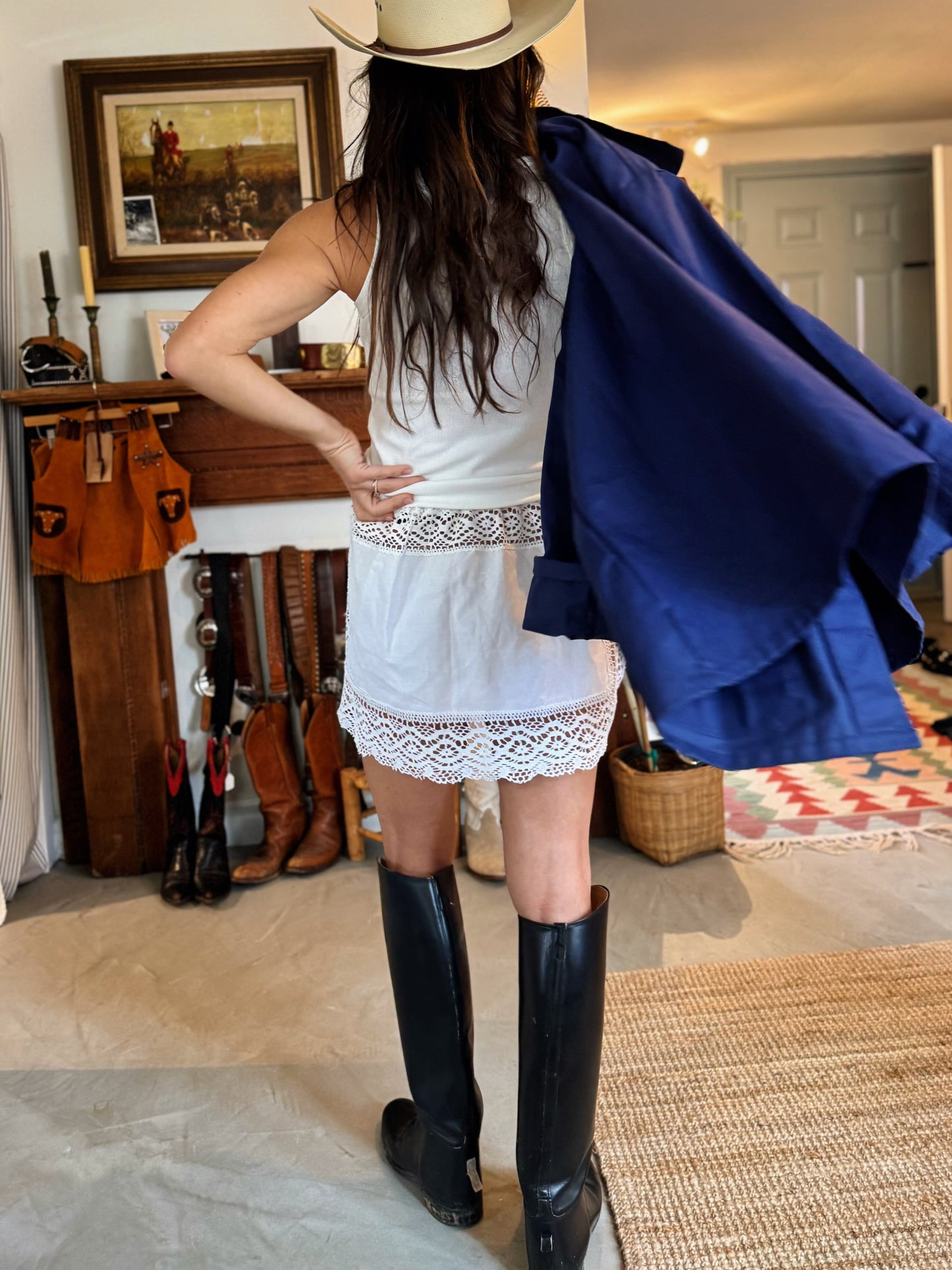 White Linen and Lace Tablecloth Mini Skirt