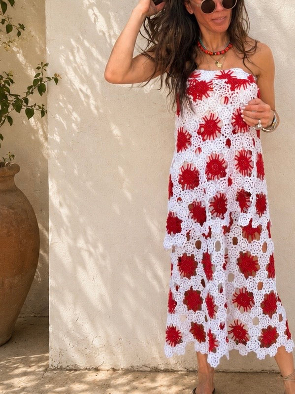 Tiered Crochet Maxi Skirt Red and White
