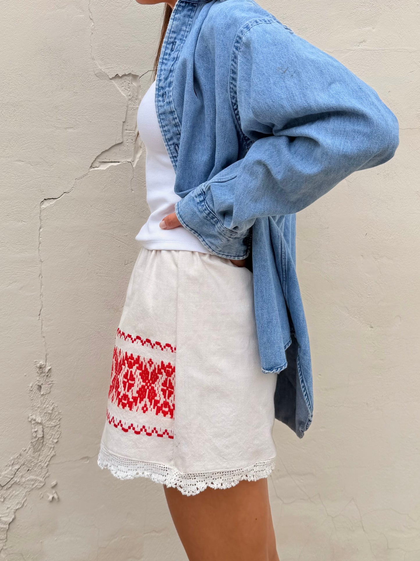 Red Embroidered Linen Mini w/ Lace Trim
