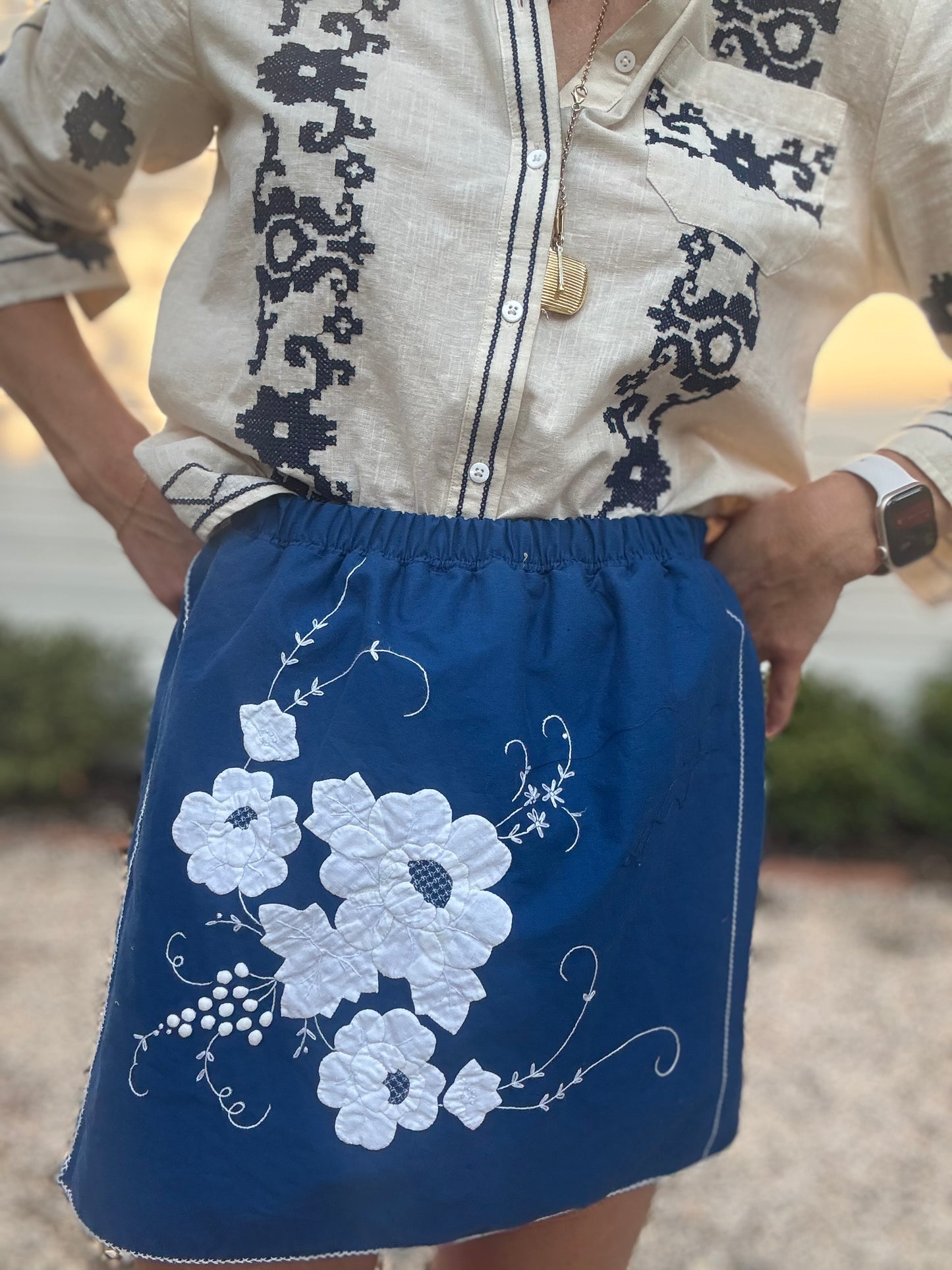 Vintage Blue and White Appliqué Mini Skirt
