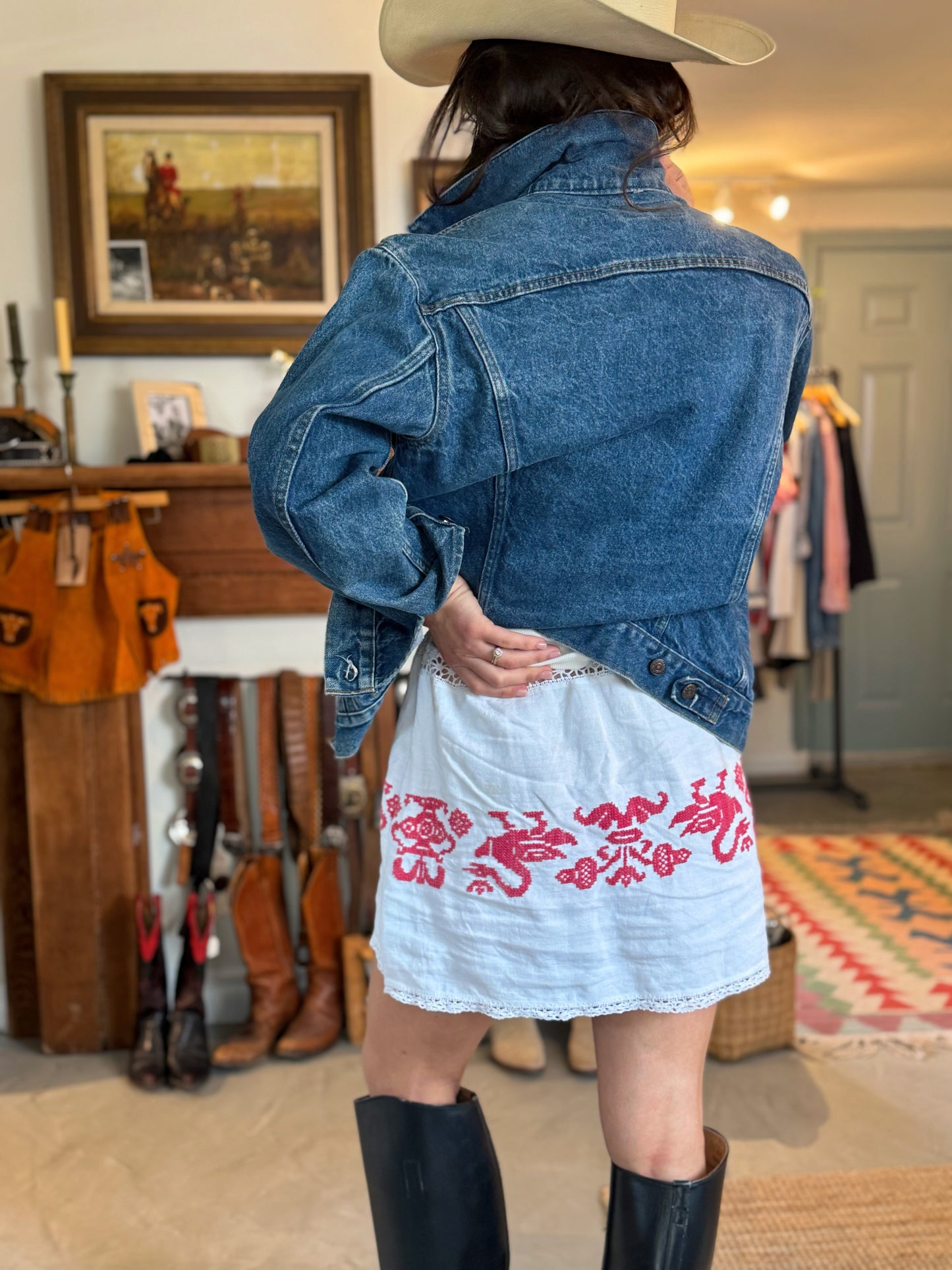 Red and White Antique Cross Stitch Mini Skirt