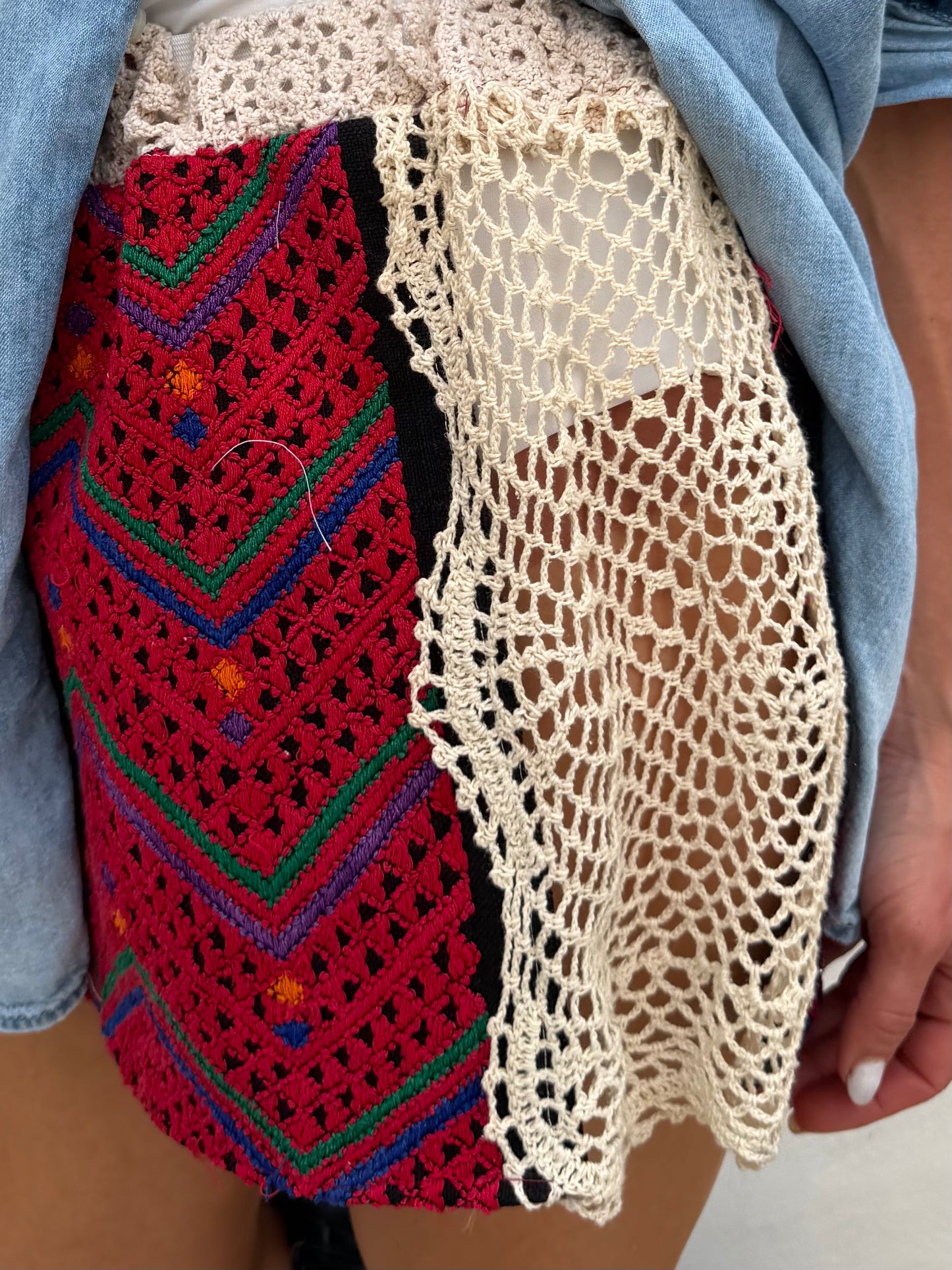 Woven Textile and Crochet Mini Skirt