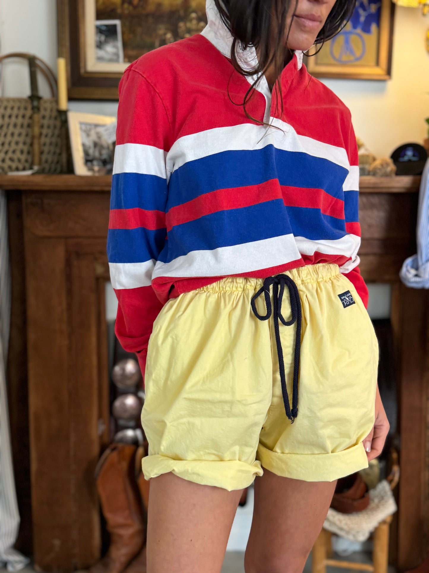 Yellow Polo Drawstring Shorts 90s Cotton