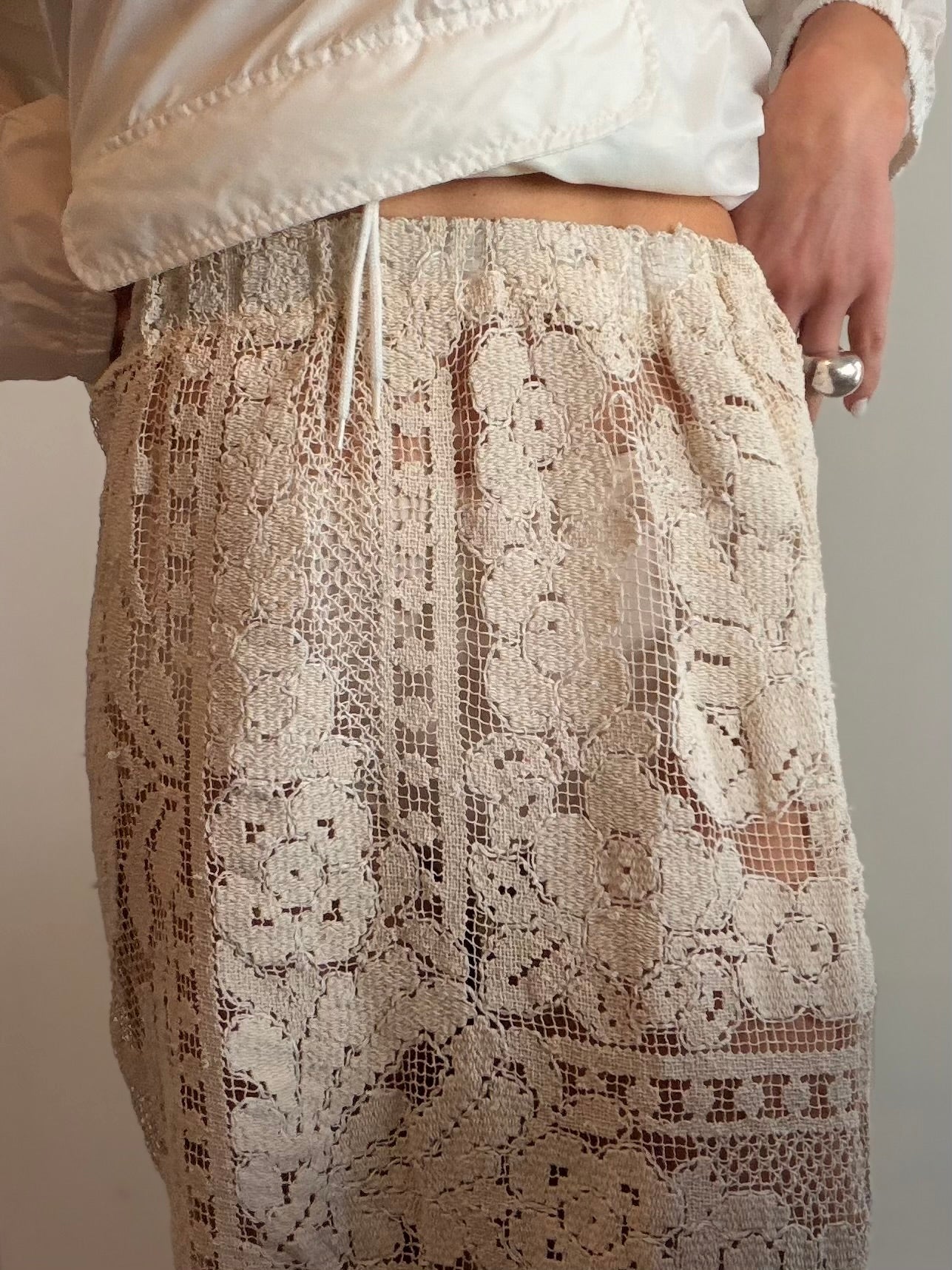 Lace Midi Skirt in Beige