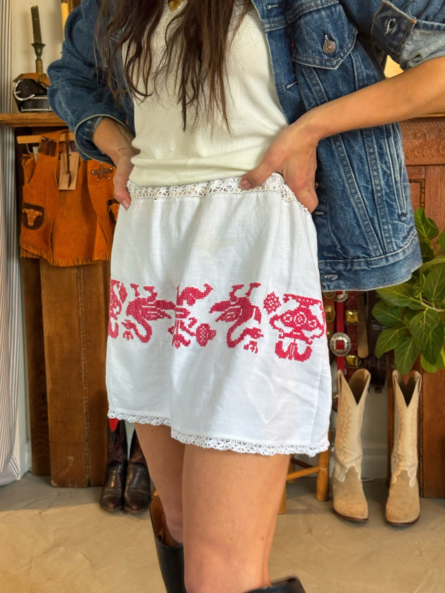 Red and White Antique Cross Stitch Mini Skirt