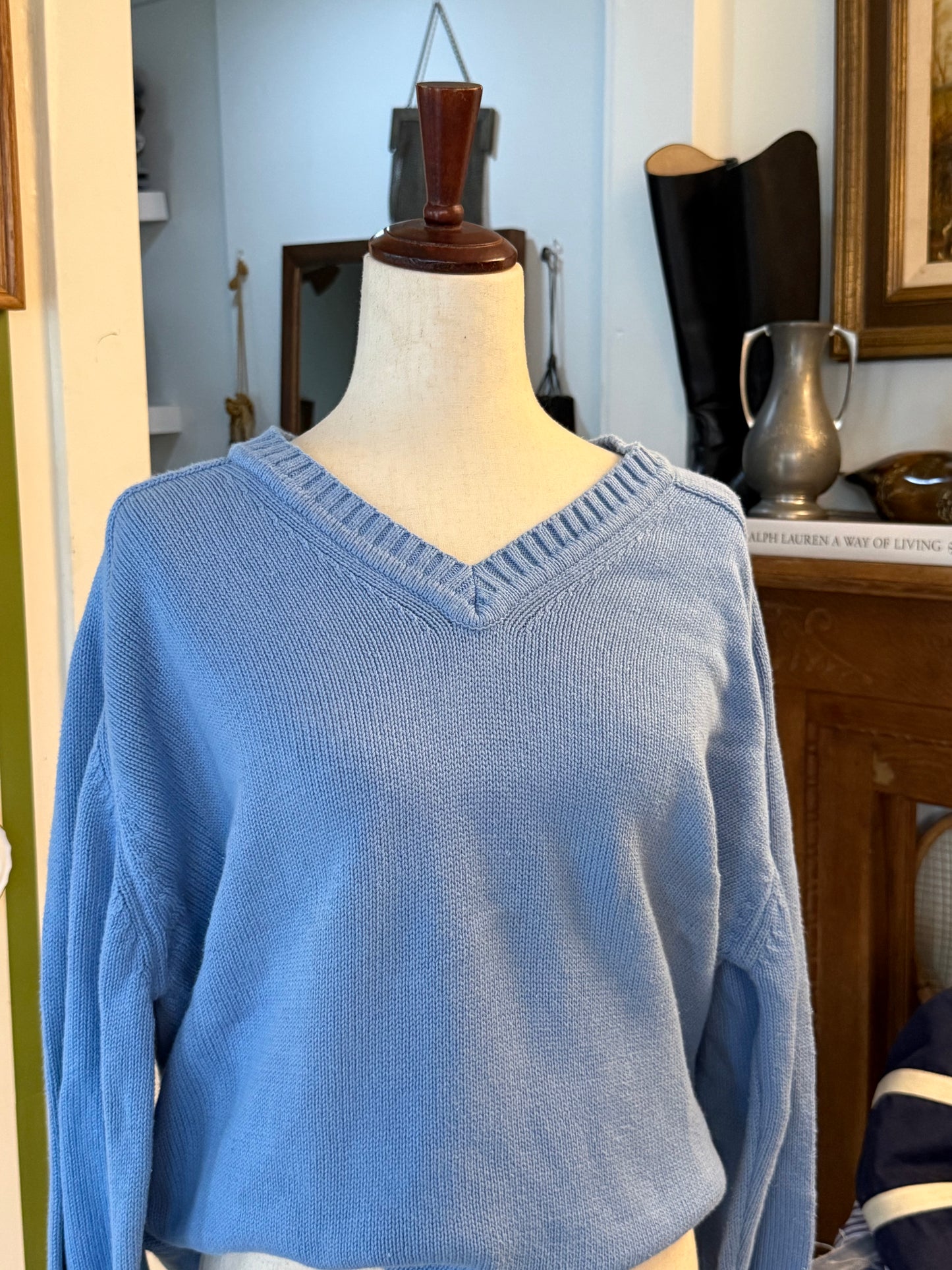 90s LL Bean Cotton V Neck French Blue
