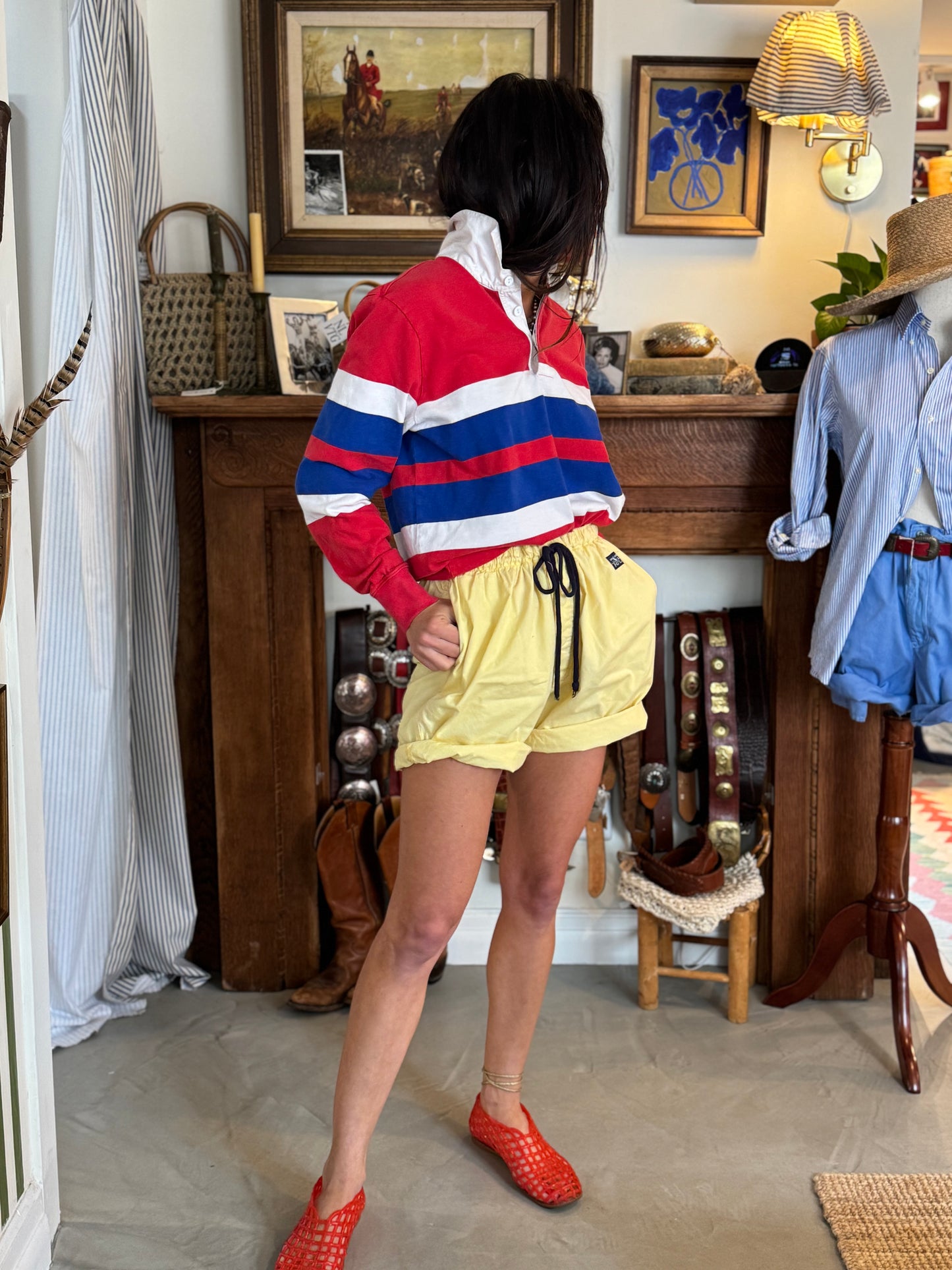 Yellow Polo Drawstring Shorts 90s Cotton