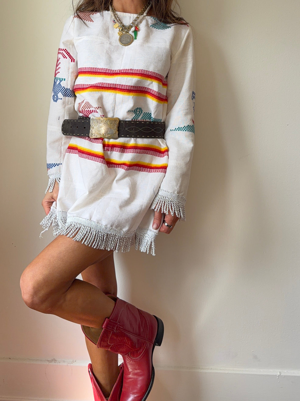 Guatemalan Long Sleeve Mini Dress Off White with Tassels