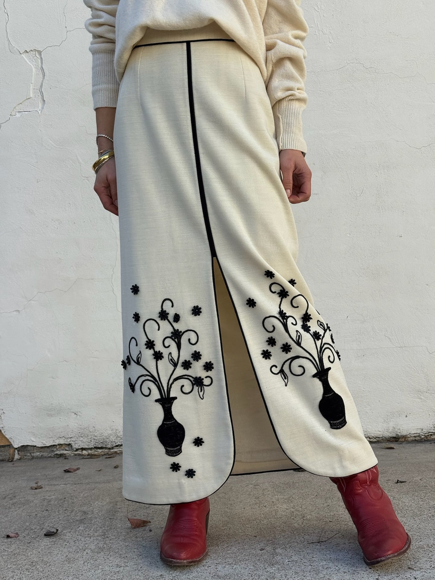 Cream Embroidered Maxi Skirt
