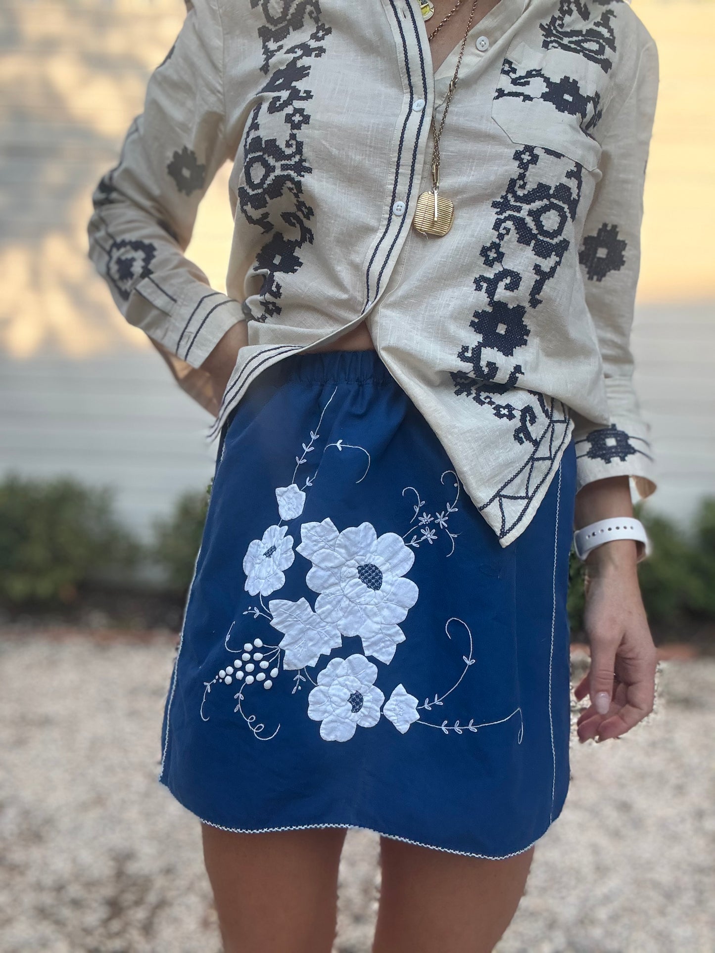 Vintage Blue and White Appliqué Mini Skirt