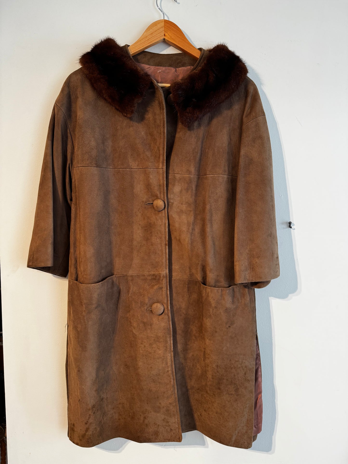 60s Brown Suede Coat Fur Trimmed