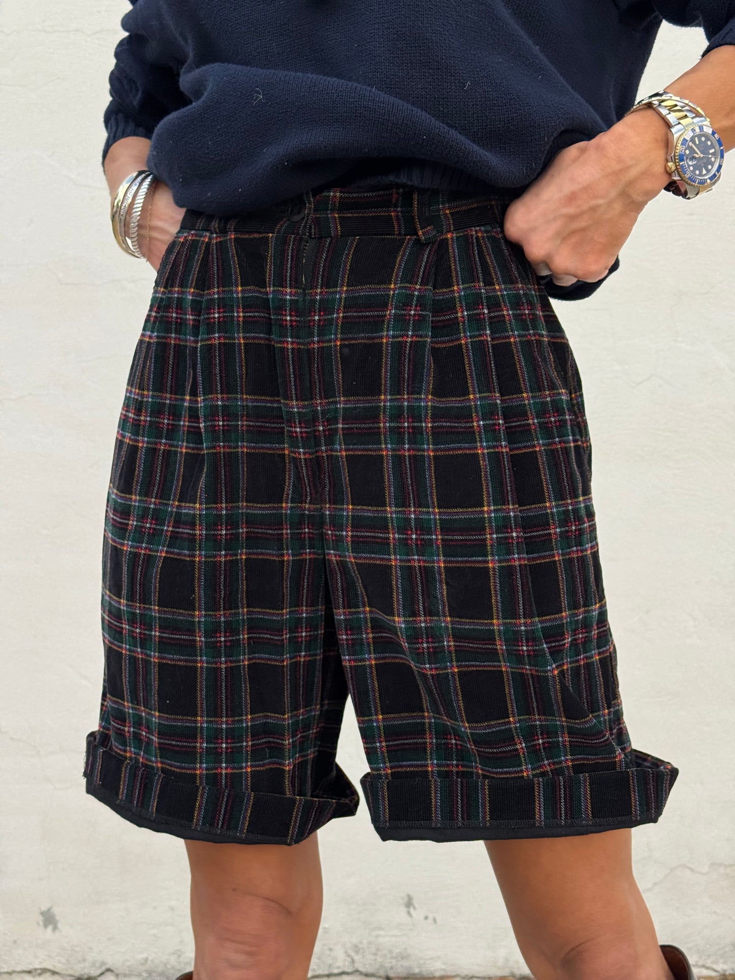 Plaid Corduroy Pleated Shorts