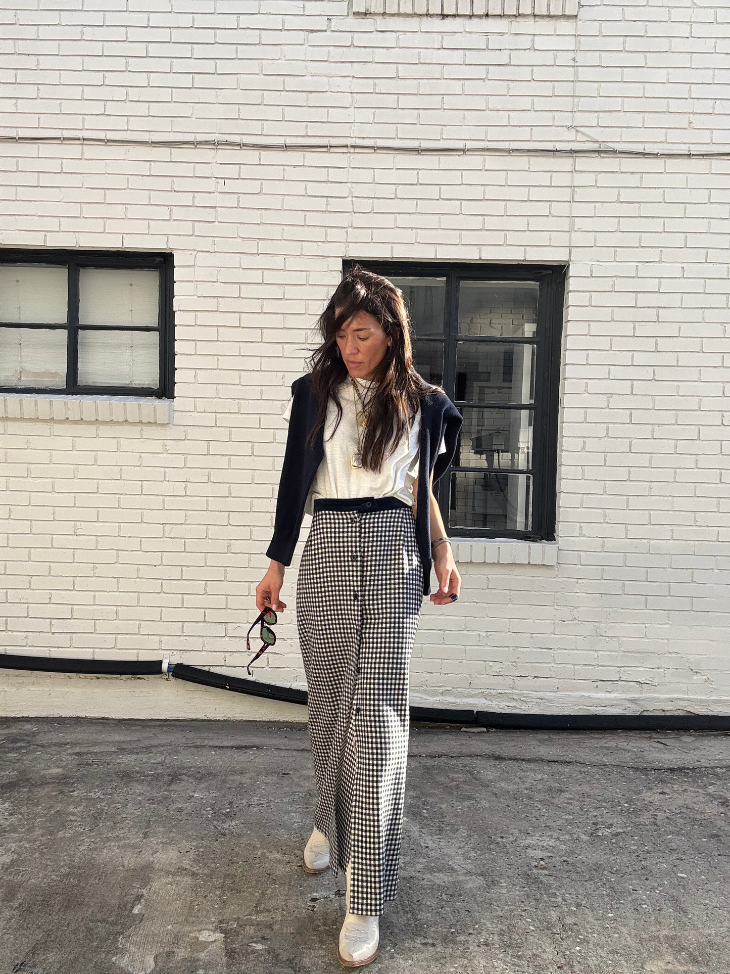 Navy Check Button Front Wool Skirt