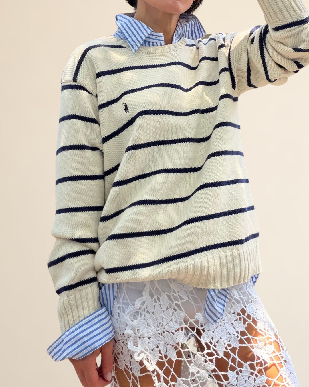 RL Cream/Navy Stripe Cotton Crew