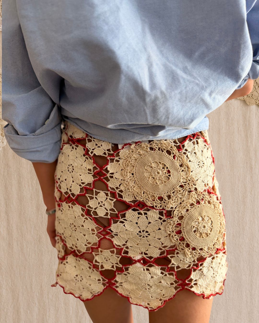 Red and Beige Mixed Crochet Mini