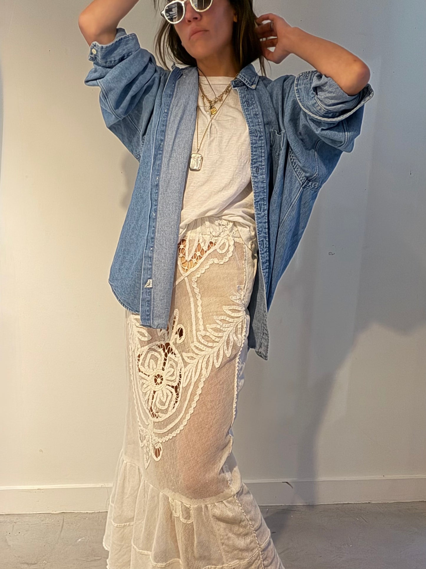 Net Embroidery Maxi Skirt with Flounce