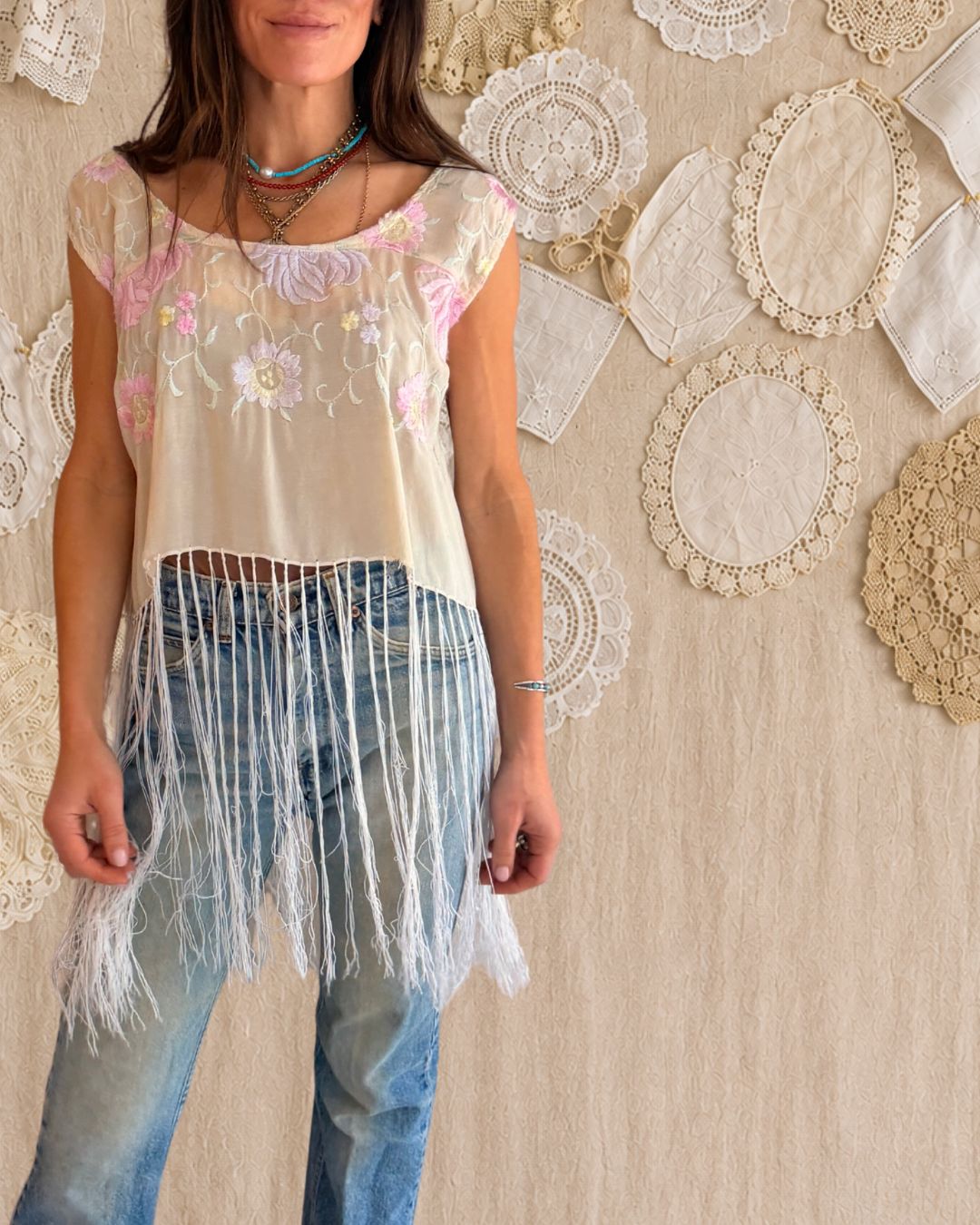 Embroidered Silk Fringe Top