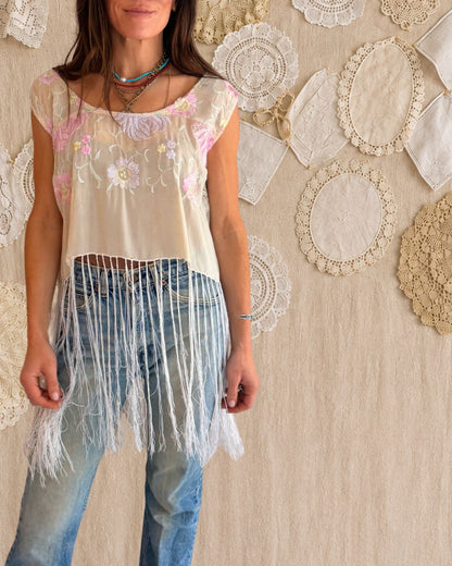 Embroidered Silk Fringe Top