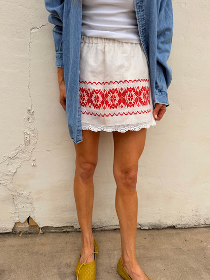 Red Embroidered Linen Mini w/ Lace Trim