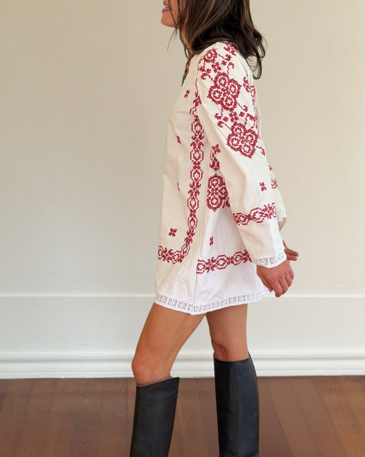 Red/White Antique Hungarian Embroidery Tablecloth Dress