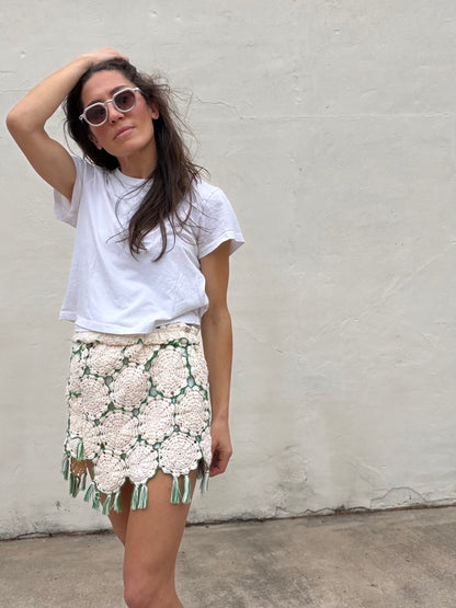 Green and Cream Crochet Fringe Mini