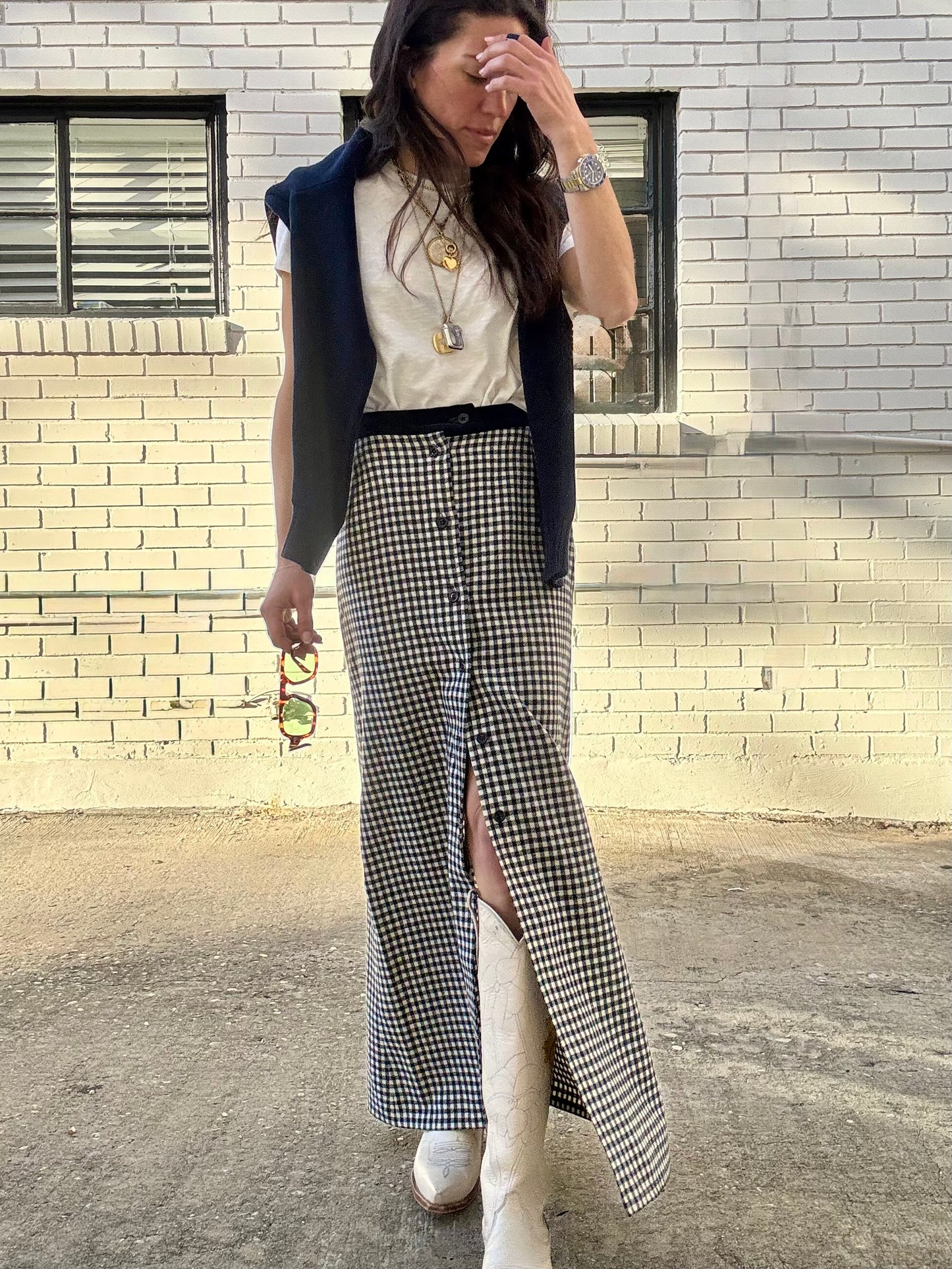 Navy Check Button Front Wool Skirt