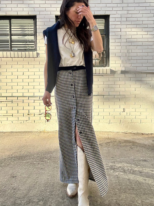 Navy Check Button Front Wool Skirt