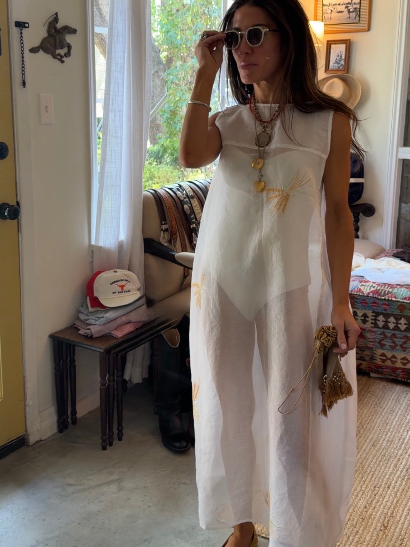 Sheer Maxi Dress With Wheat Embroidery