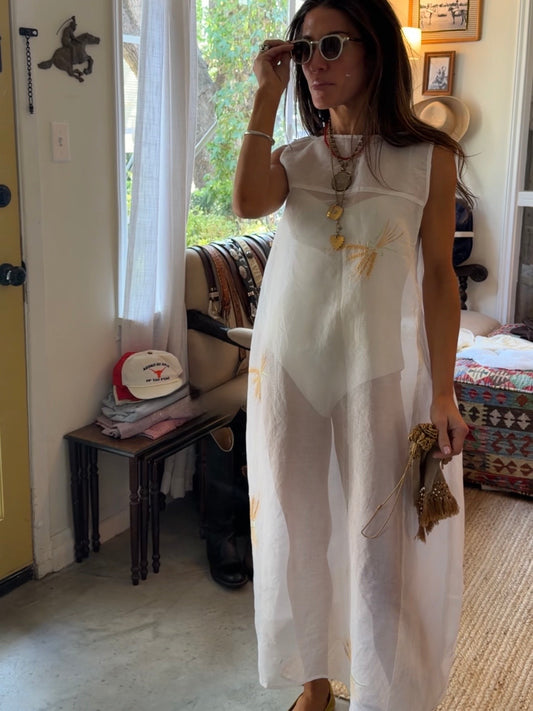 Sheer Maxi Dress With Wheat Embroidery