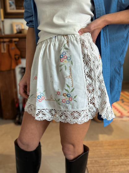Floral Embroidered Vintage Linen and Lace Mini Skirt