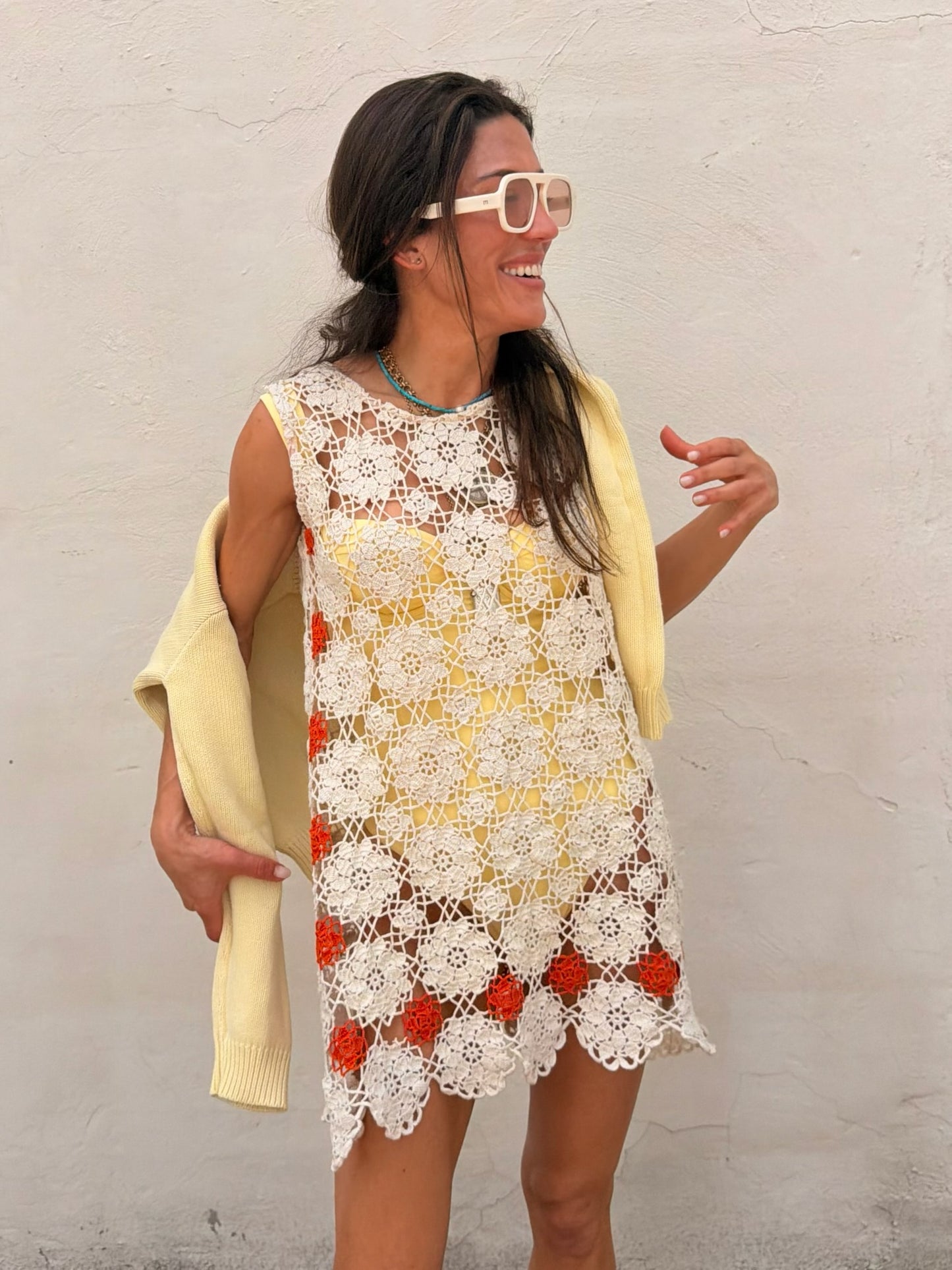 Orange and Ivory Crochet Mini Dress