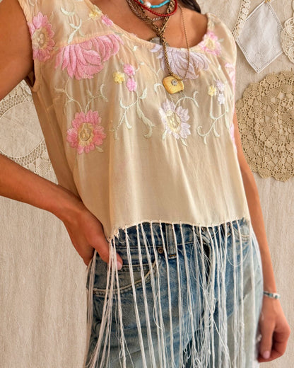 Embroidered Silk Fringe Top
