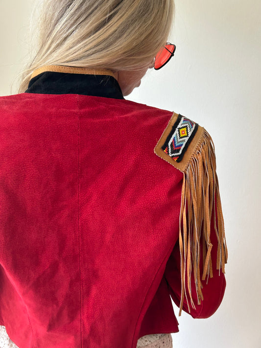 Red Suede Beaded Fringe Jacket