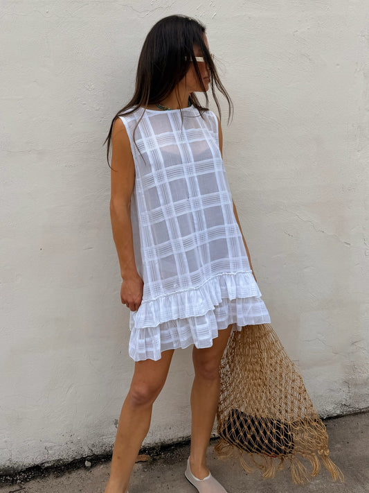 Sheer Check Ruffle Mini Dress