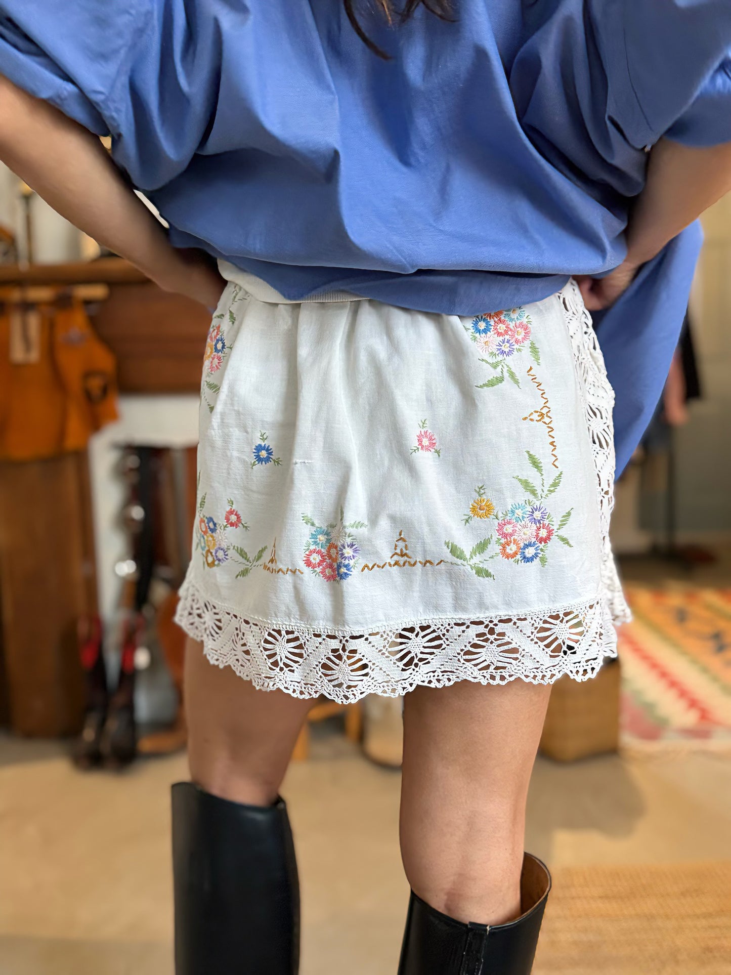 Floral Embroidered Vintage Linen and Lace Mini Skirt