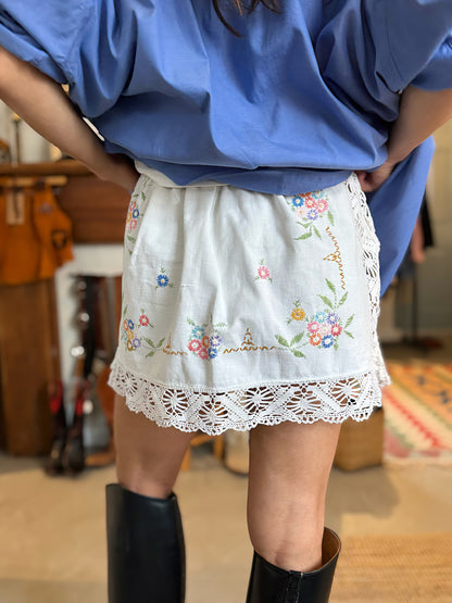 Floral Embroidered Vintage Linen and Lace Mini Skirt