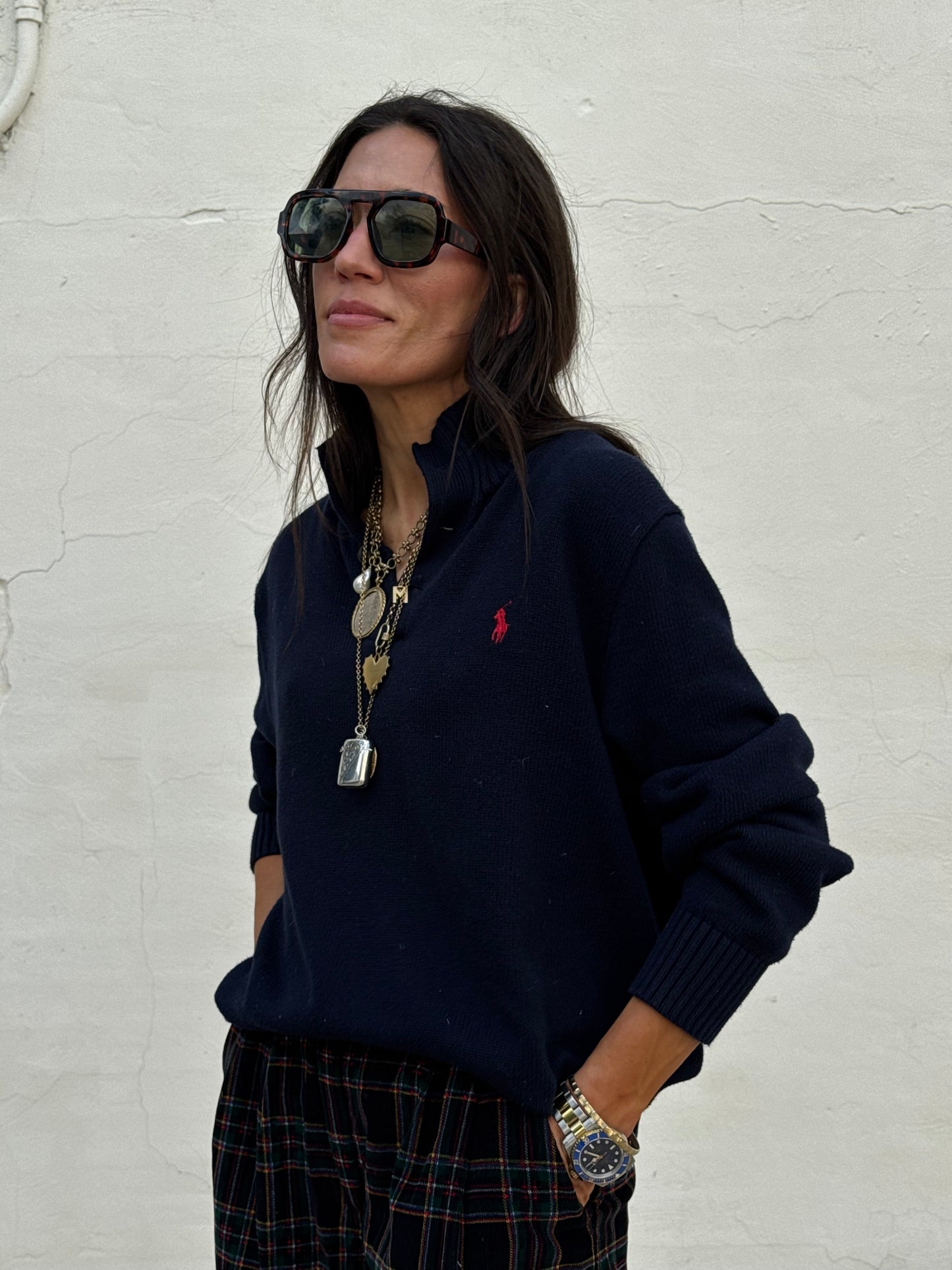 Navy Cotton Polo Neck Knit