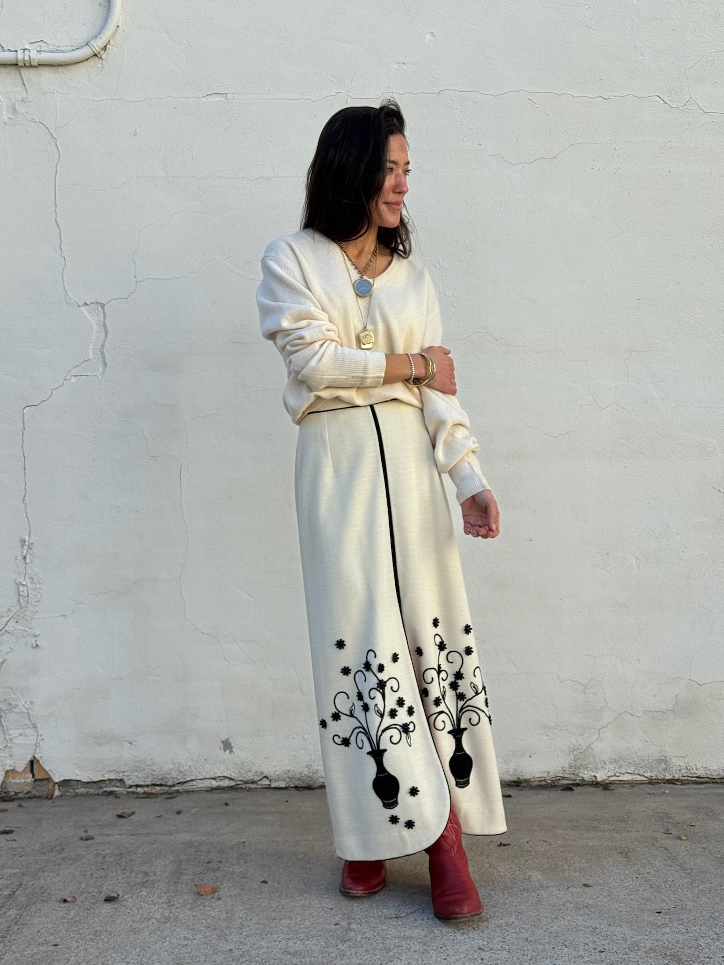 Cream Embroidered Maxi Skirt