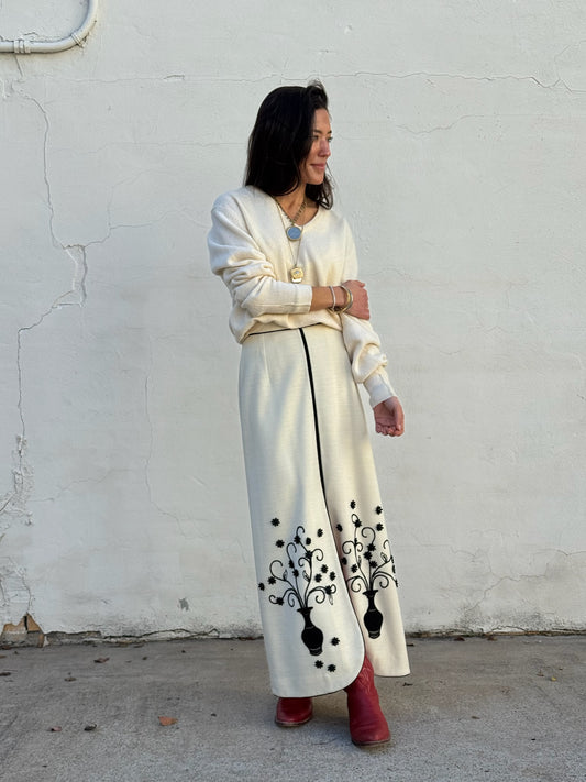 Cream Embroidered Maxi Skirt