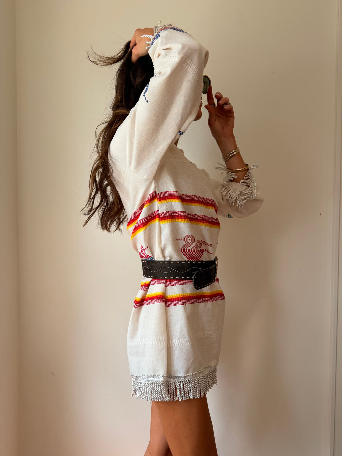 Guatemalan Long Sleeve Mini Dress Off White with Tassels