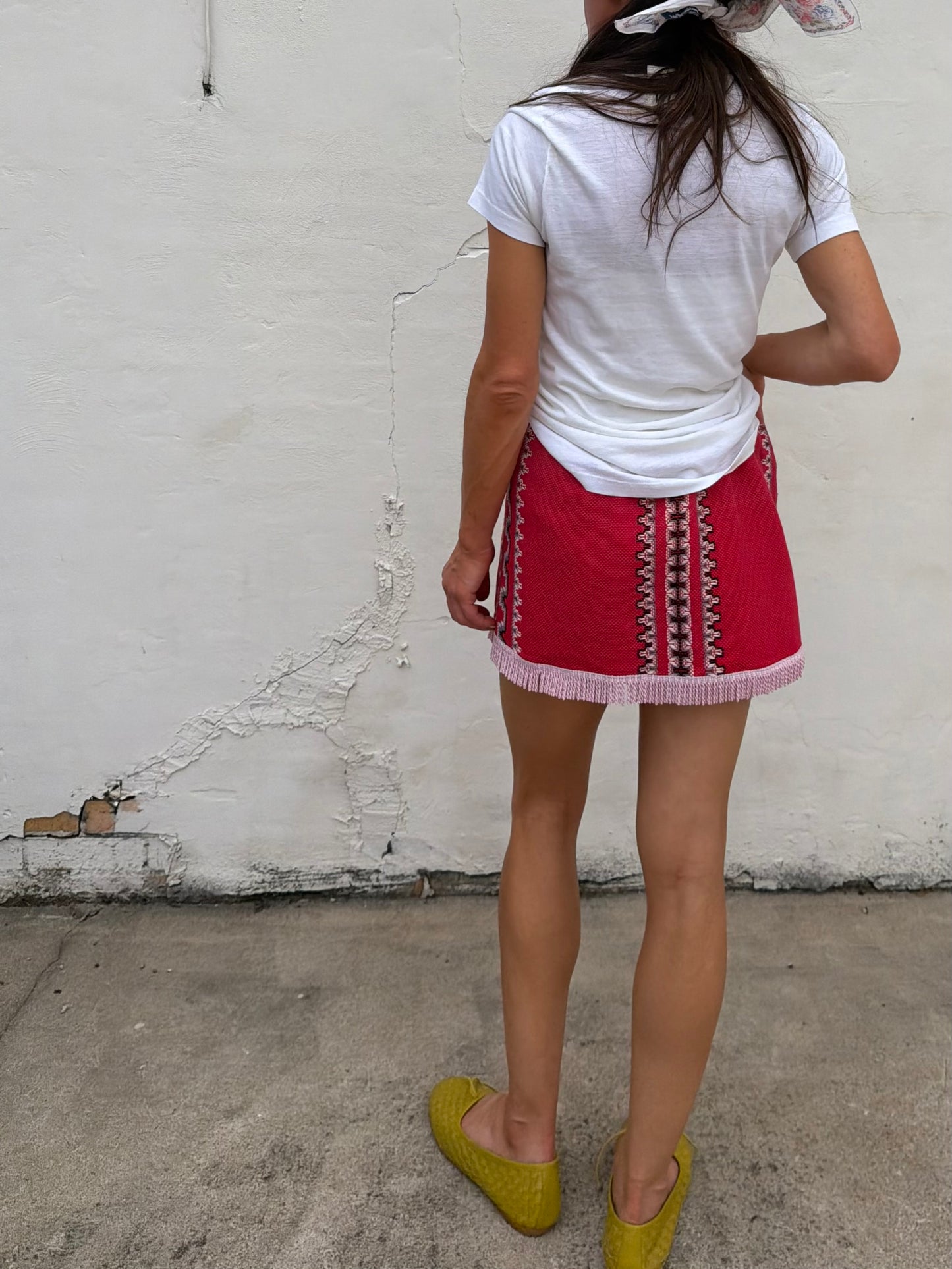 Pink Fringe Trim Woven Textile Mini Skirt