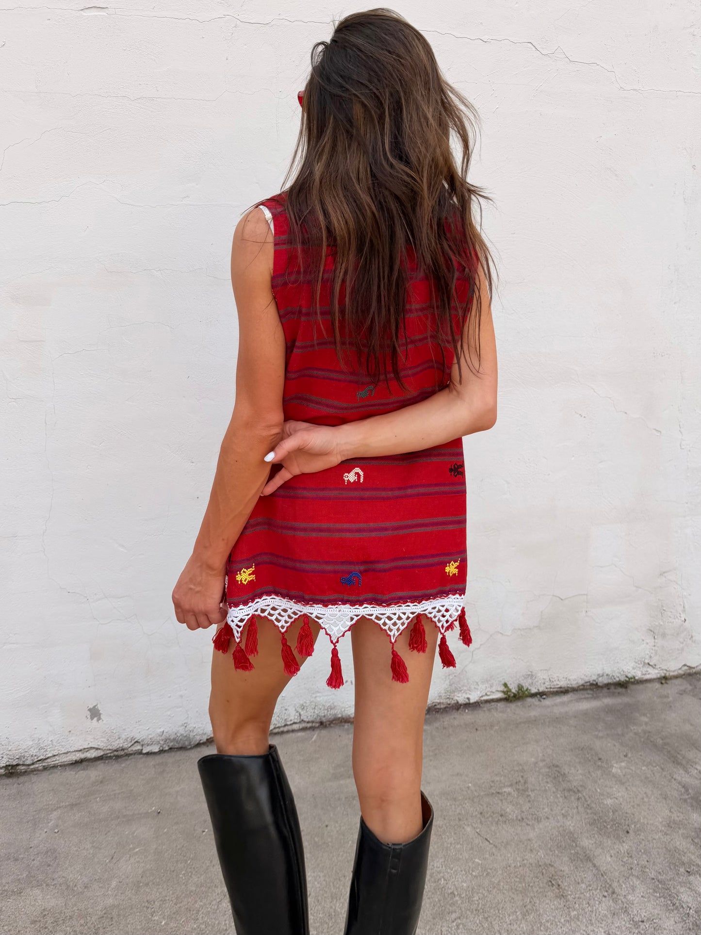 Red Guatemalan Embroidery Mini Dress with Tassel Trim