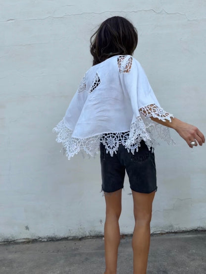 Lace Trimmed Cutwork Linen Bell Sleeve Top