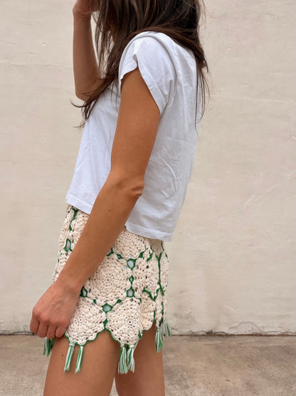 Green and Cream Crochet Fringe Mini