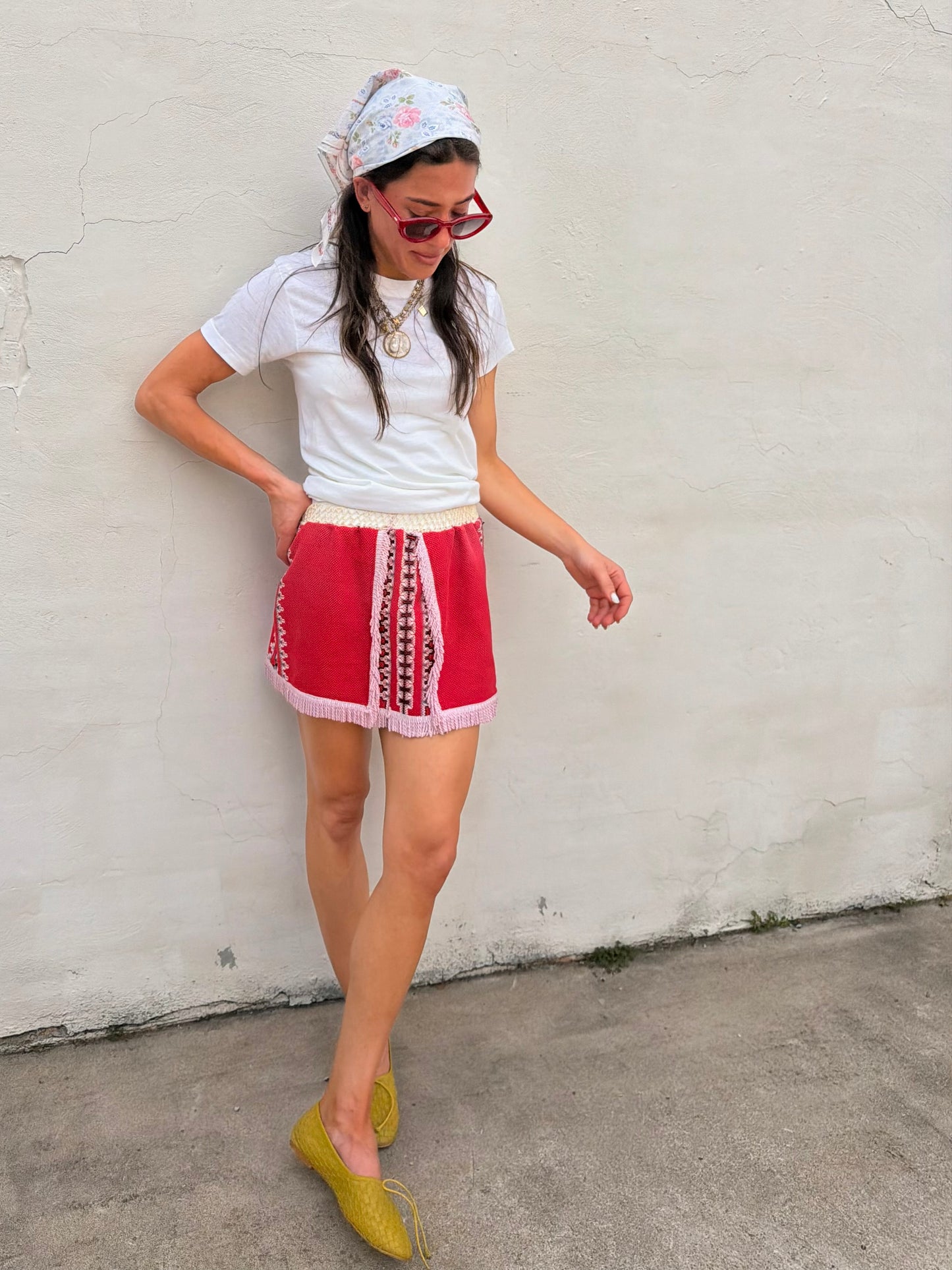 Pink Fringe Trim Woven Textile Mini Skirt